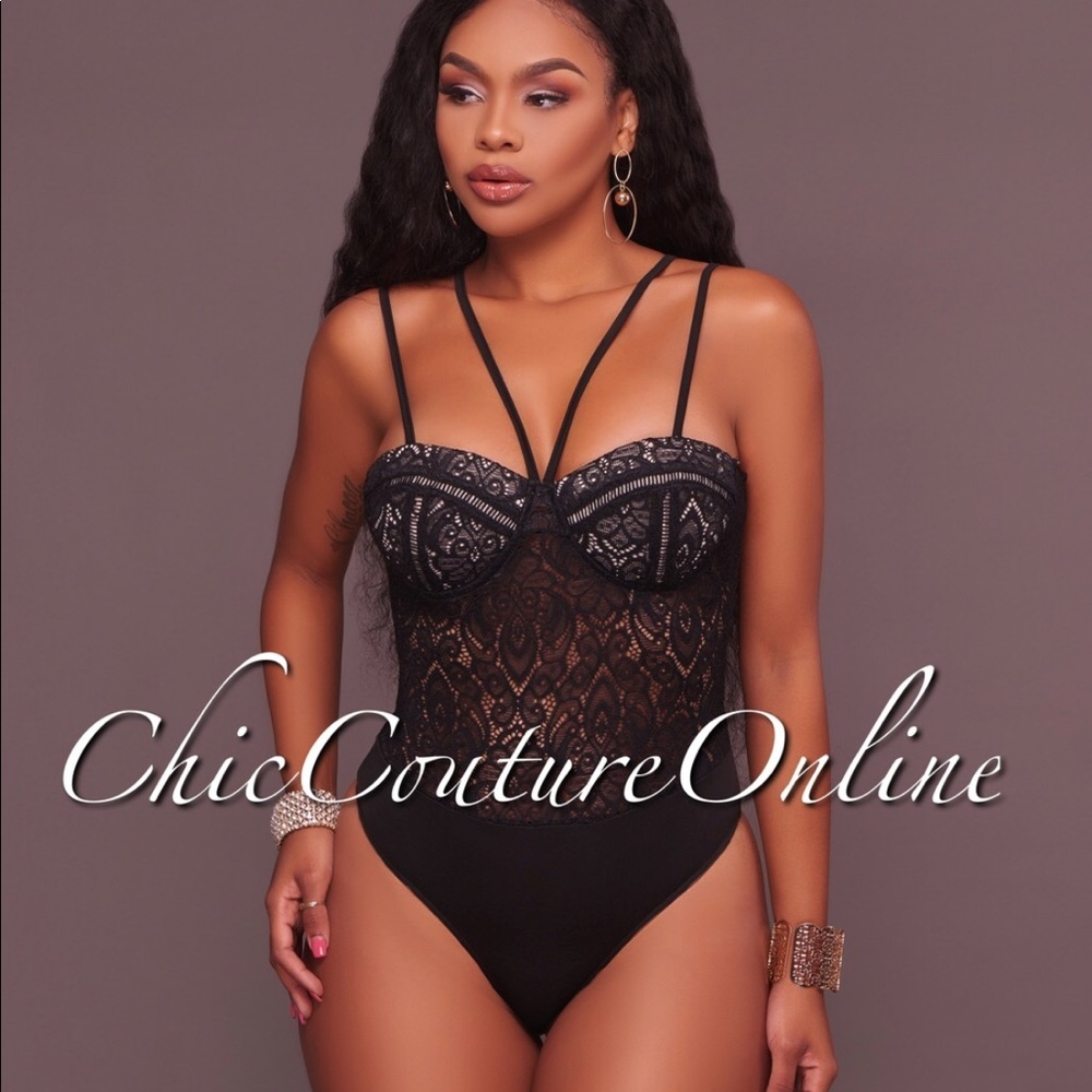 Elnie Black Lace Strappy Bodysuit